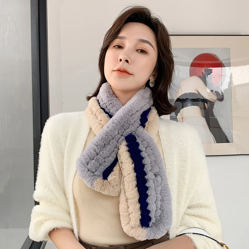 Шарф женский настоящий мех кролика длинный вязаный из натурального меха S7710 |