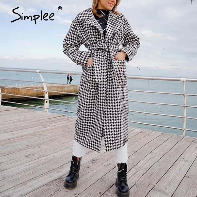 

Fashion plaid wool coat women winter 2020 Houndstooth belt with pocket long coat Autumn warm thick tweed overcoat female