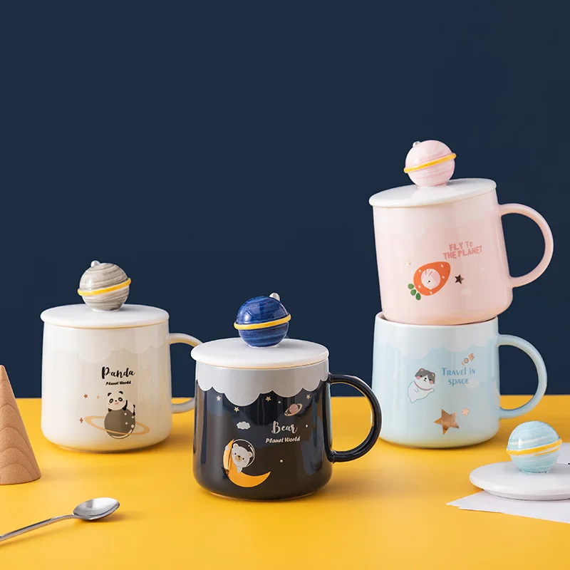 

Creative Cute Ceramic Cup with Lid Cartoon Planet Water Cup Milk Coffee Cup advertising gifts Gift Mug