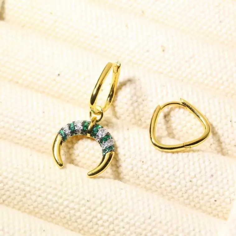 New 925 Sterling Silver Yellow Gold Color Asymmetric Green and White Zircon Stripes Tribal Crescent Moon AB Earrings for Women | Украшения