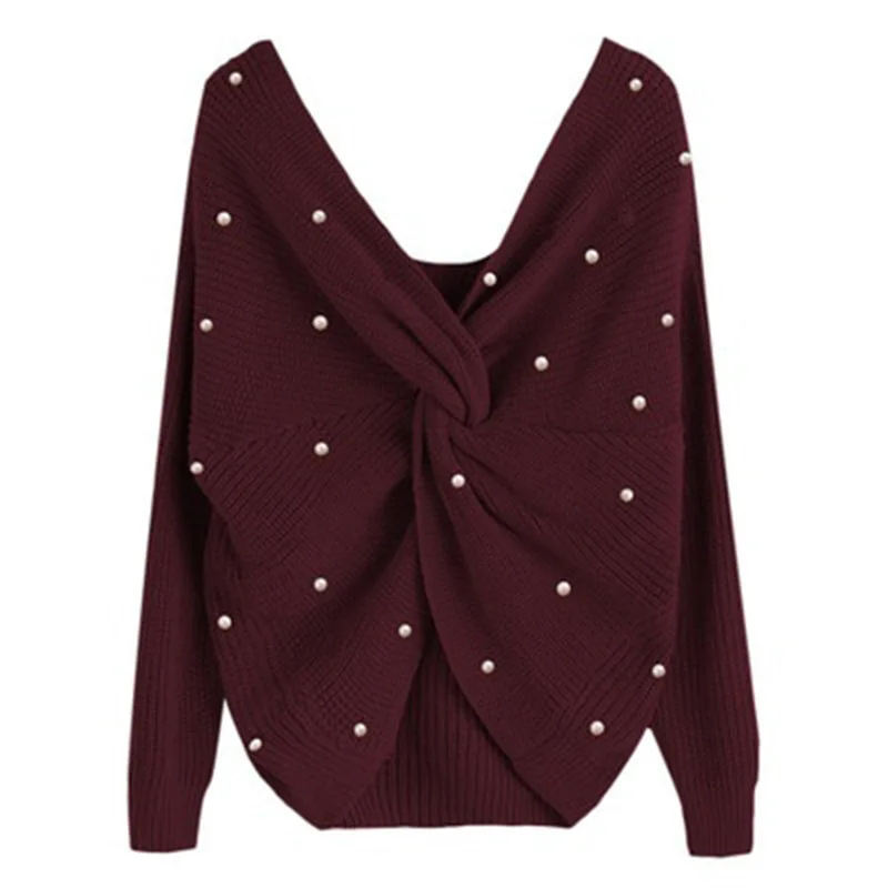 

Autumn Winter Women Sweater Knit Tops Pullover Casual Long Sleeve V-neck women's sweater top with twisted pearl back Ladies