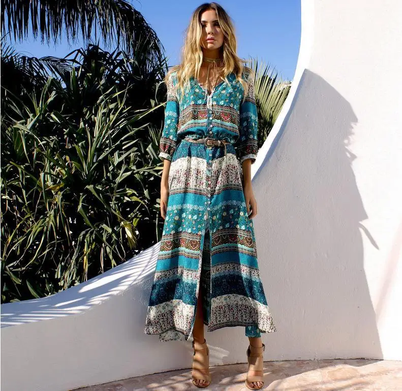 

2021 autumn print new dress women's long beach dress