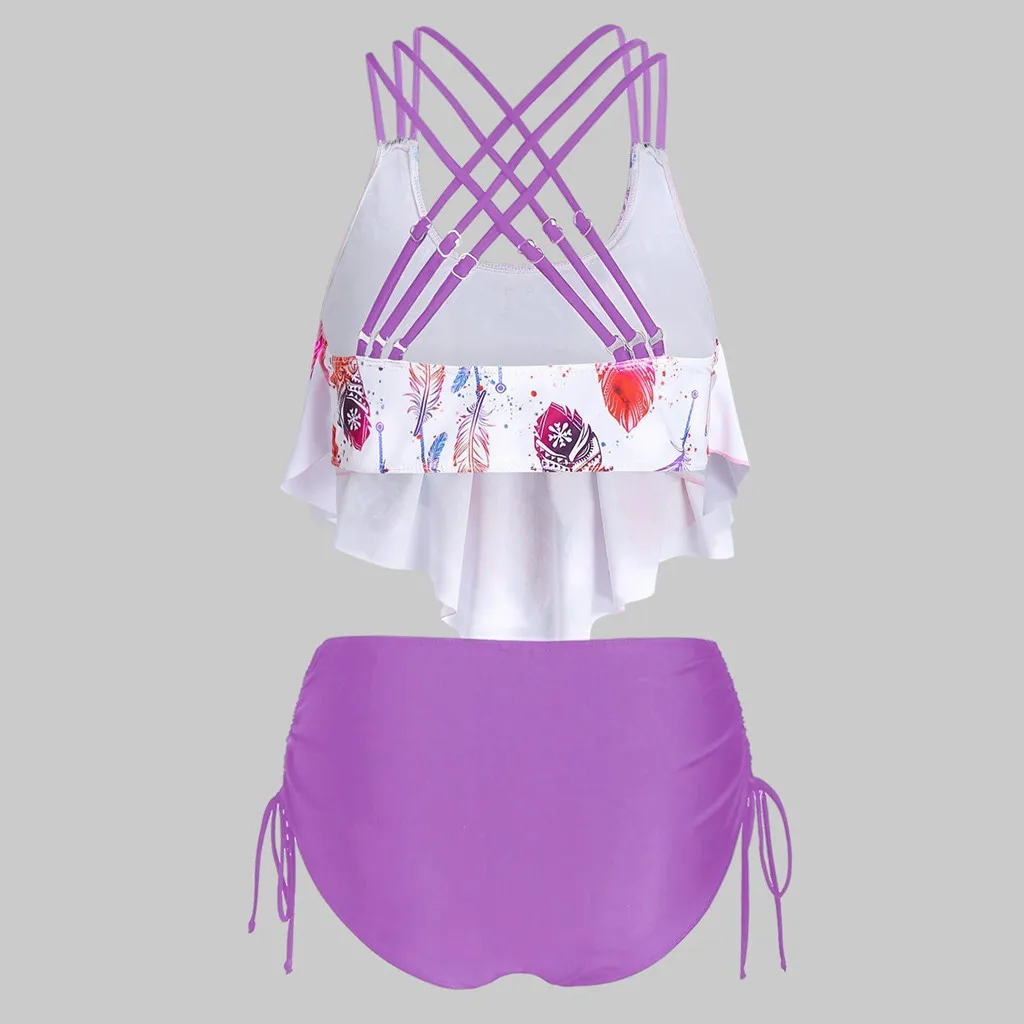 Размера плюс танкини Для женщин с принтом перьев для пуш ап мягкий верхний слой