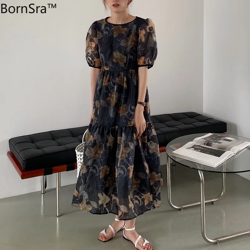 Bornsra Vinatge Oil Painting Jacquard Elegant Women Long Dress 2020 New Summer Korean Style Backless Maxi Dresses Vestidos | Женская