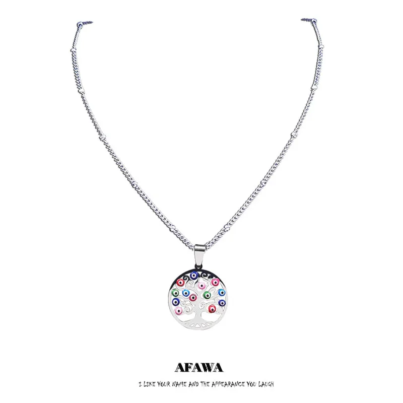 

Tree of Life Stainless Steel Islam Moon Star Colorful Turkey Eye Chain Necklaces Silver Color Necklaces Jewelry bijoux N5218S01