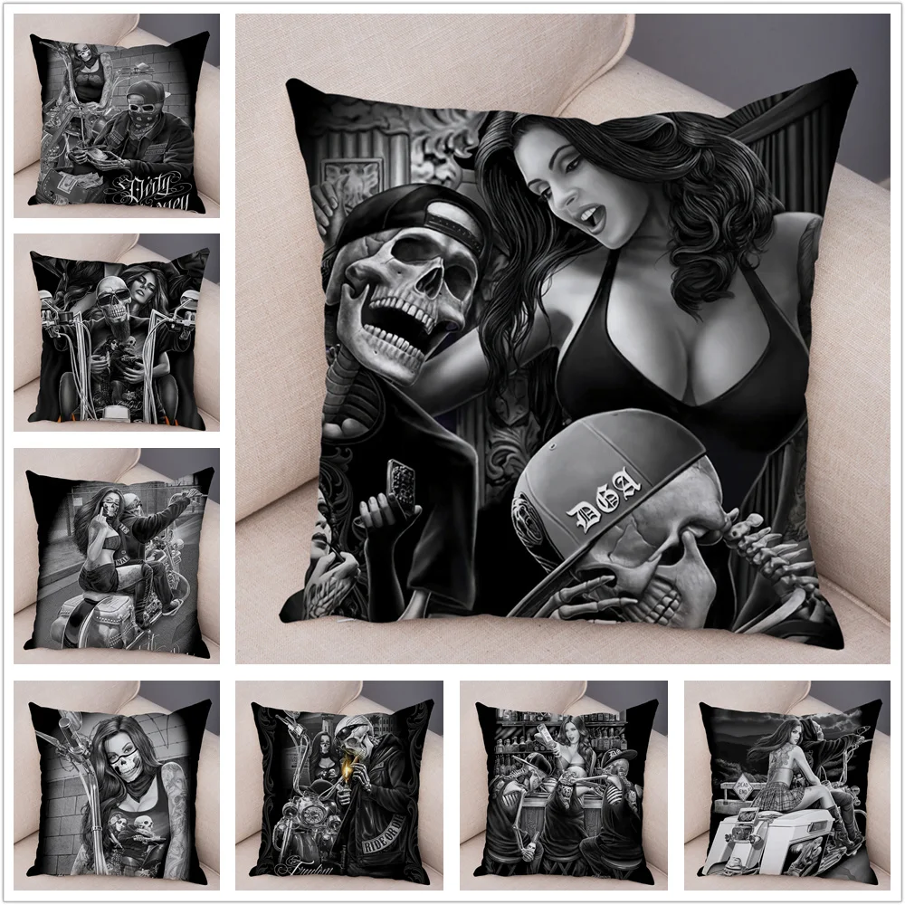 

Motorcycle Skull and Sexy Girl Cushion Cover for Sofa Home Decor Cartoon Day of the Dead Pillow Case Soft Plush Pillowcase