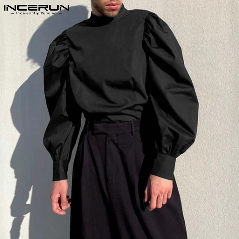 

Модная мужская футболка 2022, однотонная водолазка с буффами и длинным рукавом, свободная повседневная мужская одежда, футболки в уличном сти...