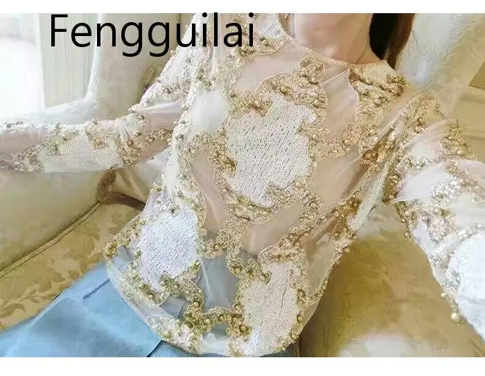 

Luxury Women Crystal Sequins Embroidery Blouse Lace Geometric Heavy Beads Shirts Sexy Blusas Camisa Clubs Hollow Tops 2019