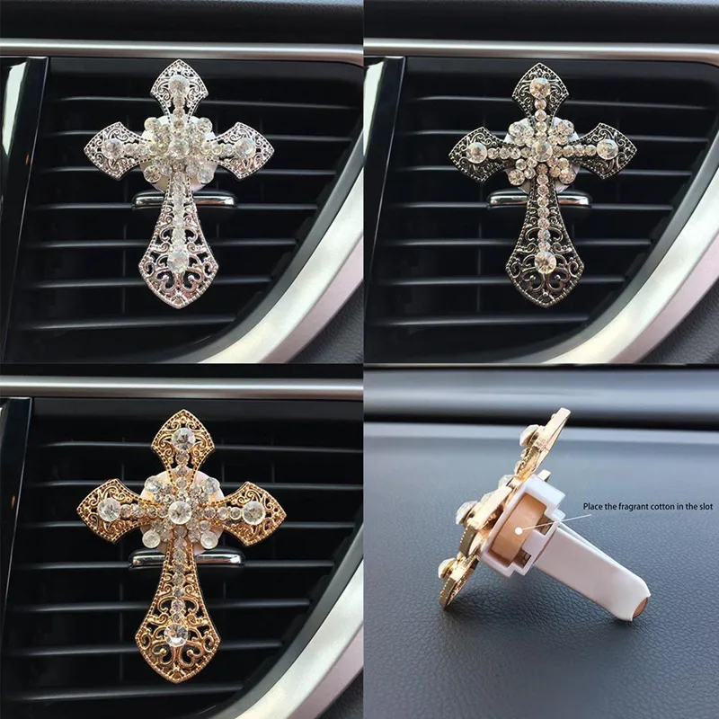 

1PC Car Ornament Crystal Cross Jesus Air Freshener Diamond Vents Perfume Clip Diffuser