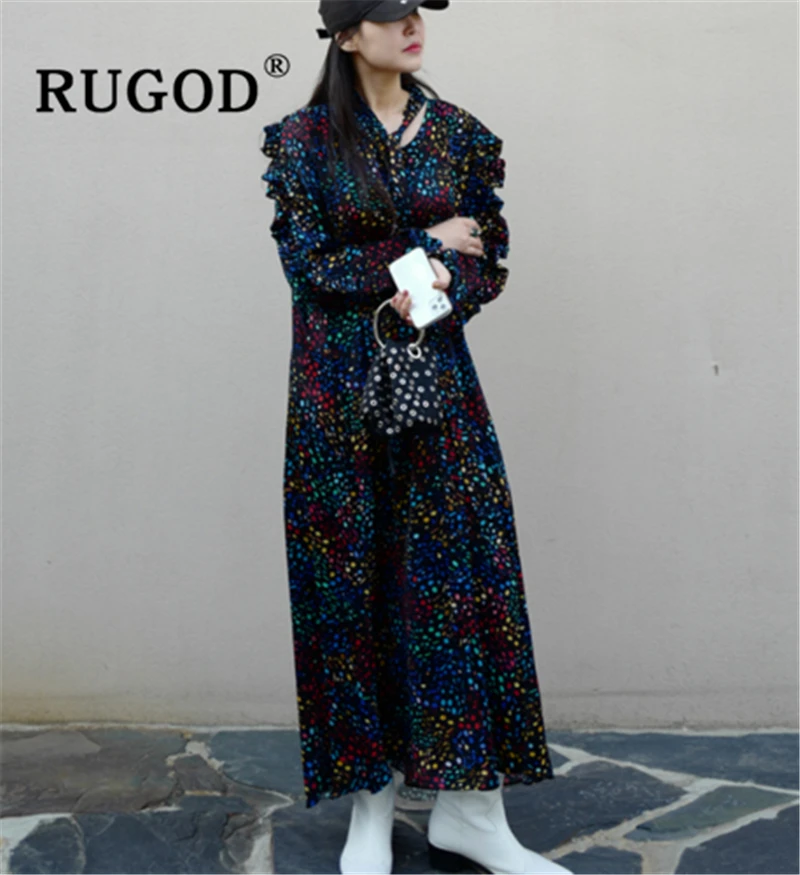 Женское платье с принтом RUGOD свободное макси длинным рукавом и шарфом новинка 2020 |