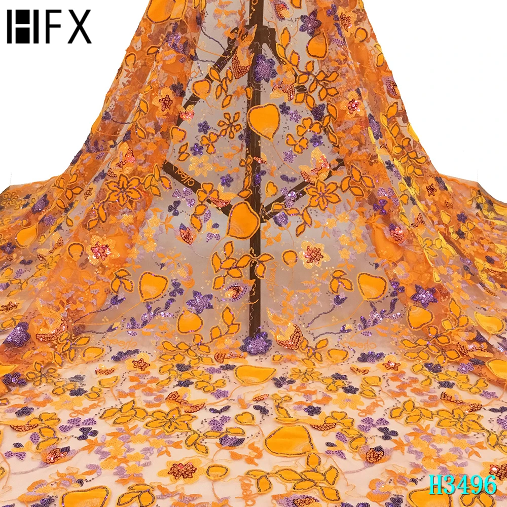 

HFX Sequin French Embroidered Mesh Lace Fabric Nigeria Embroidery Pink Embroidery Net Lace Beaded Lace Fabric X1204-4