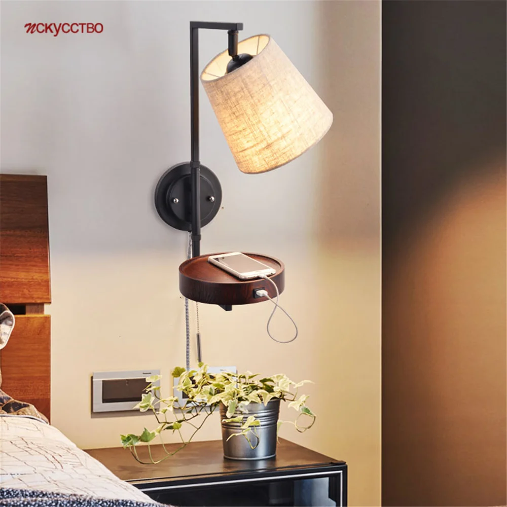 

Nordic Creative Multifunction Wood Fabric Led Wall Lamp With Shelf Plug Wire Switch For Living Room Study Reading Night Lights