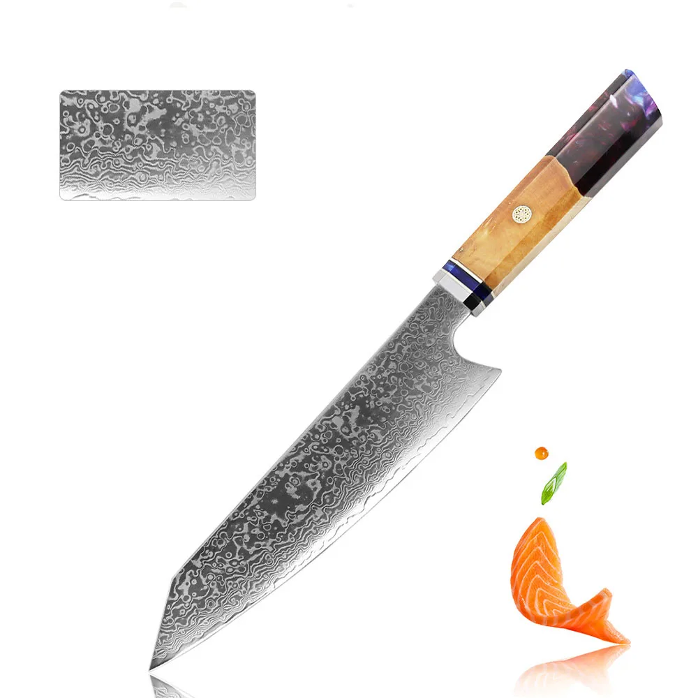 

Real Damascus Steel Kitchen Knives VG10 Chef Knife Cleaver Kiritsuke Knife Blue Resin and Color Wood Handle Cooking Tool
