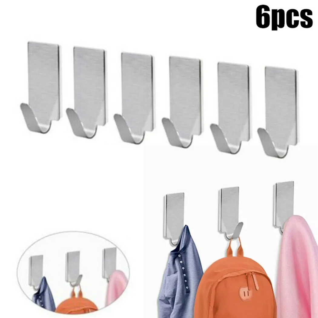 

6Pcs Holder Hook Hanger Stainless Steel Self Adhesive Hat Towel Hanging Stick On Door Wall For Bathroom Home Decor Accessories
