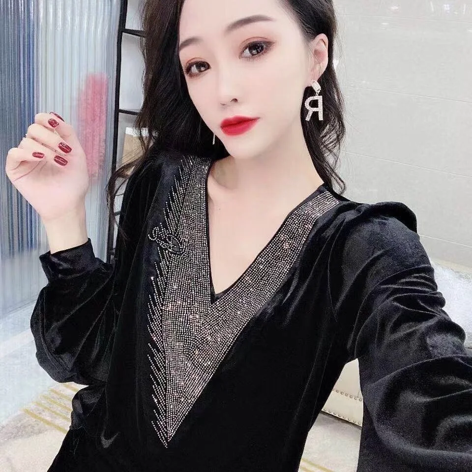 

T-shirt Women's Long Sleeve Shirt Women Tops Autumn New Bottoming V-neck Velvet Inlaid Diamond Fashion Groot Harajuku Vintage