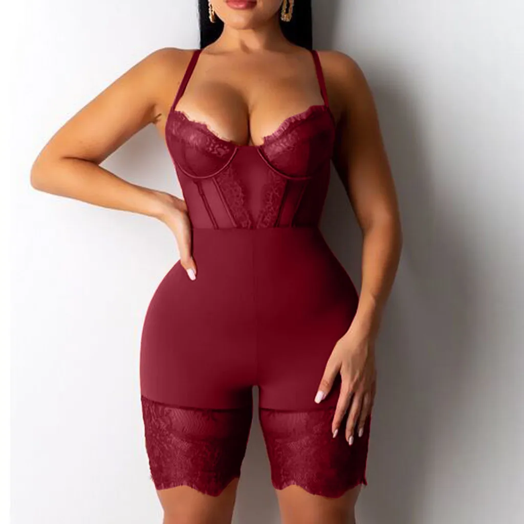 Черное вино Сетка Прозрачный боди Кружева спинки сексуальный Bodycon комбинезон