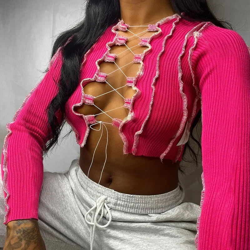 

2021 spring hot product new women's chest with hanging ears straps hollow long-sleeved woman t-shirts