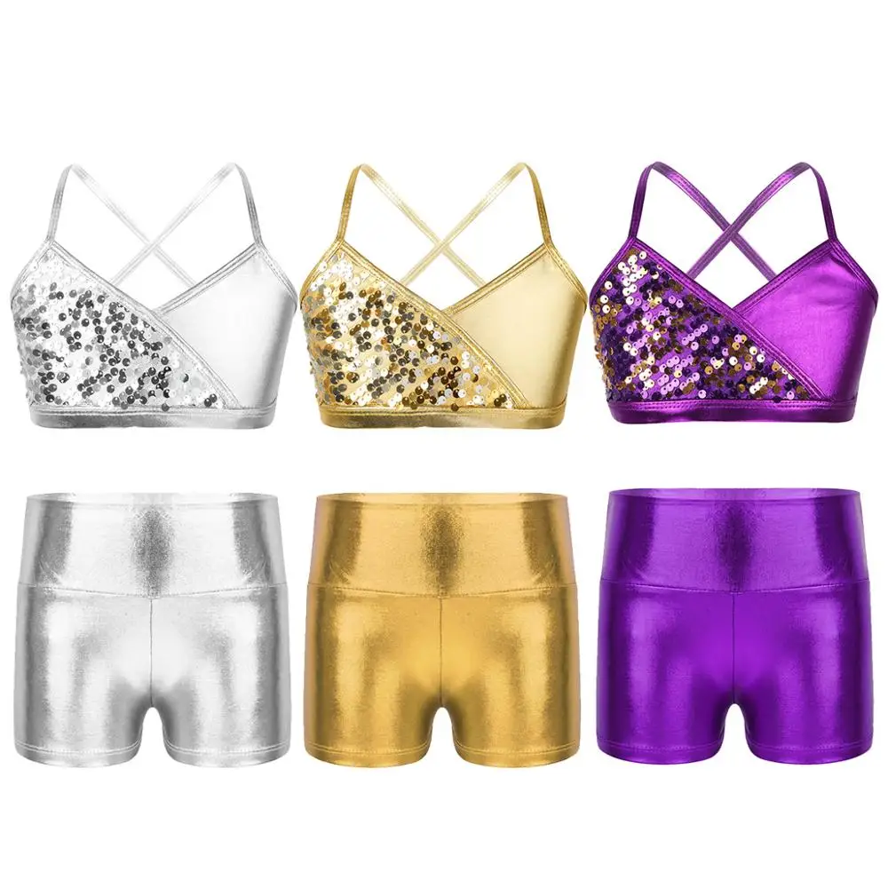 

Kids Girls Ballet Dance Wear Shiny Sequins Metallic Tanks Bra Tops Crop with High Waist Shorts for Stage Performance Workout