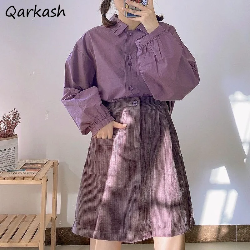 

Sets Women Purple 2 Pieces Outfits New Preppy Solid Spring Summer Shirt and Ulzzang Pockets Casual Corduroy Skirts Chic Harajuku