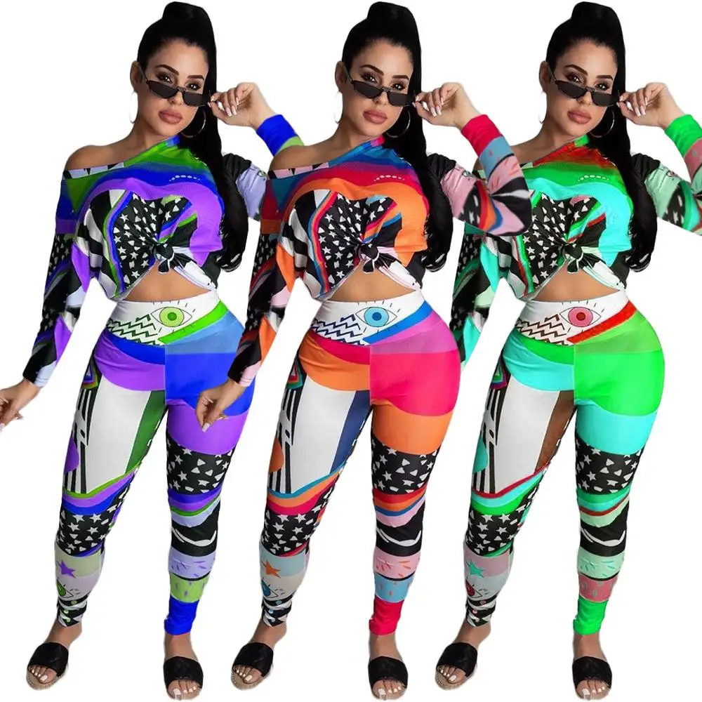 

New Women Geometric Print Casual Tracksuits T Shirt and Pencil Jogger Sweatpants Suits Two Pieces Set Slim Sportswear Outfits