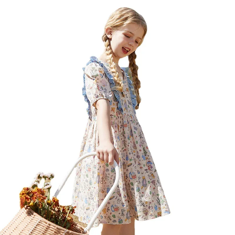 

2021 Children's Summer Dress Casual Puff Sleeve Girl Sweet Princess Dress Pure Cotton Floral Dress Girl Clothes 4-14 Years