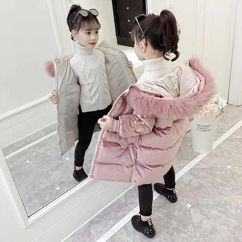 

New Style Girls Winter Jackets 2019 Children Winter Clothes Girl Coats Warm Fur Collar Hooded long down Coats For Kids Outerwear