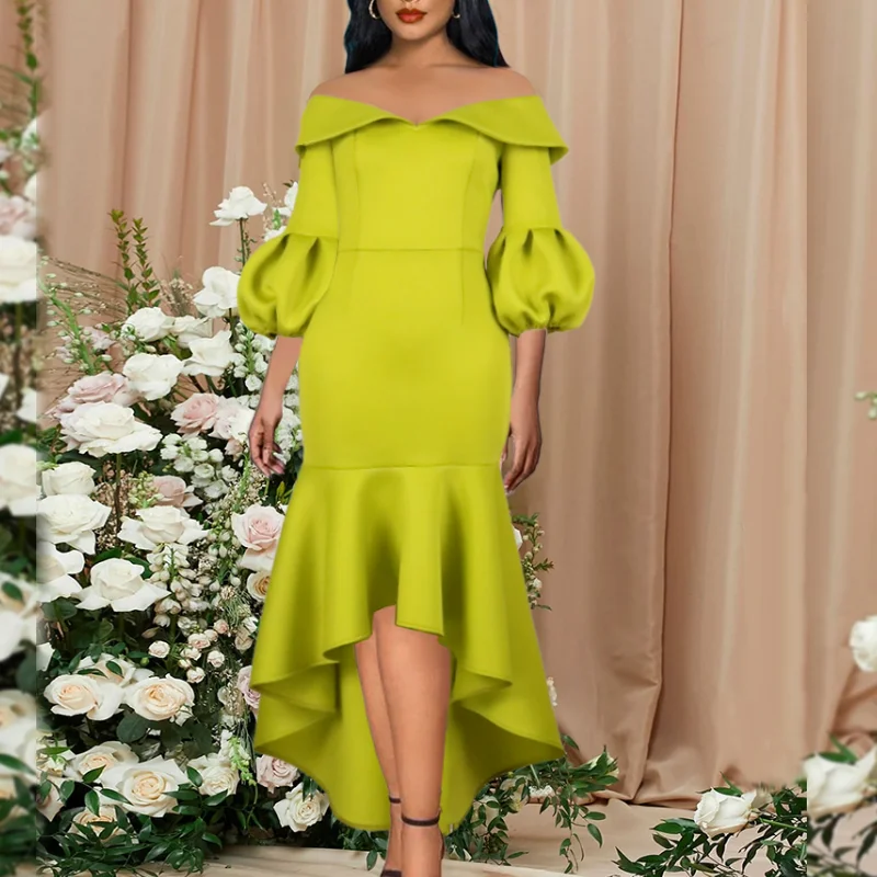 

Mermaid Dress Off Shoulder Ruffles Puffy Half Lantern Sleeve Autumn Sexy Classy Elegant Party Bridesmaid Midi Dresses for Women