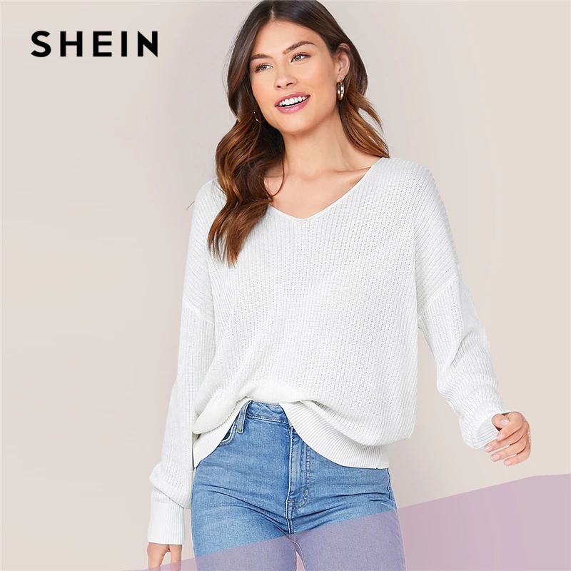 SHEIN белый Однотонный свитер с v-образным вырезом и открытыми плечами женские топы осенние Повседневные базовые офисные женксие кофты с длинными рукавами
