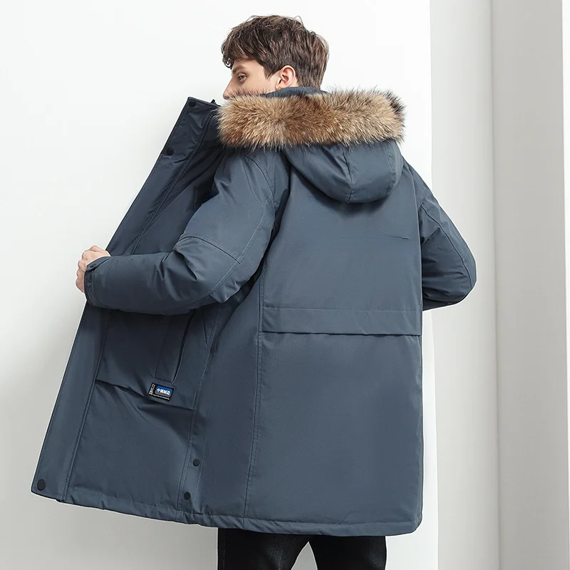 Down Jacket Men's Tooling Mid-length 2021 Winter Big Fur Collar Hooded Pie Overcoming Thickened Down Jacket Men