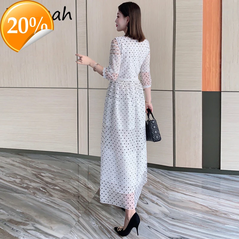

New 2021 Women Spring Fashion Designer Party Long dress Lateral sleeve High waist Dot Printed ladies Slender A-line