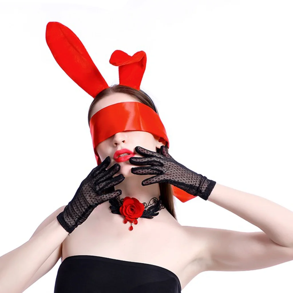 

Rabbit Ear Headband Blindfold Eye Mask Gloves Lace Choker Set Party Headwear