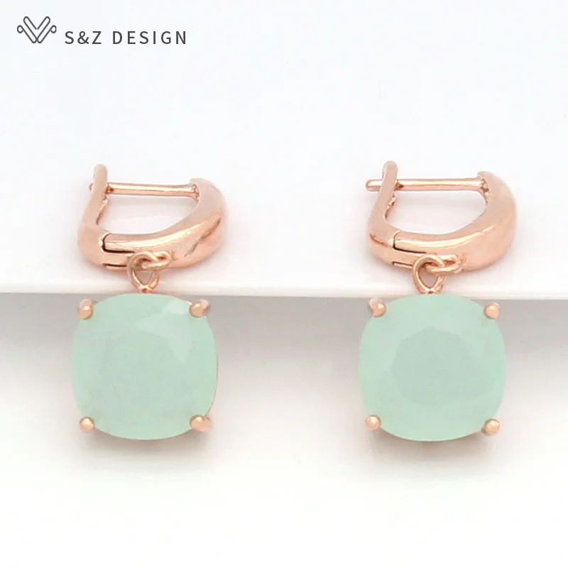 

S&Z DESIGN 2020 Fashion Elegant Square Imitation Tourmaline Dangle Earrings For Women Wedding Jewelry 585 Rose Gold Eardrop