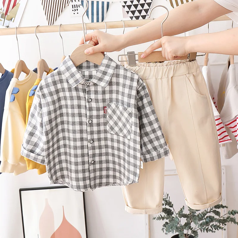 

New Spring Autumn Baby Boys Clothes Children Cotton Plaid Shirt Pants 2 Piece Set Toddler Casual Costume Infant Kids Tracksuits