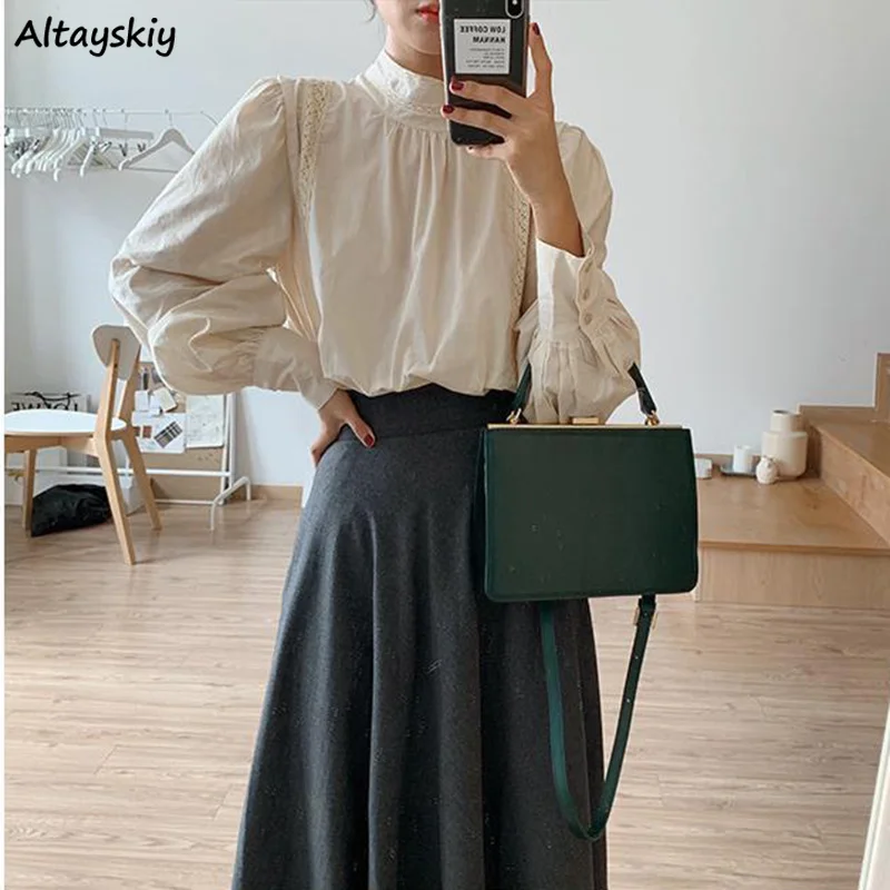 

Блузка женская с воротником-стойкой, однотонная элегантная офисная Повседневная Свободная универсальная кофта абрикосового цвета с рукав...