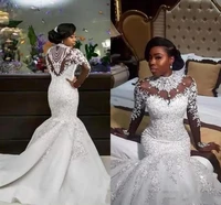 mermaid wedding dresses sheer long sleeve high neck crystal beads chapel train african arabic bridal gowns plus size customized