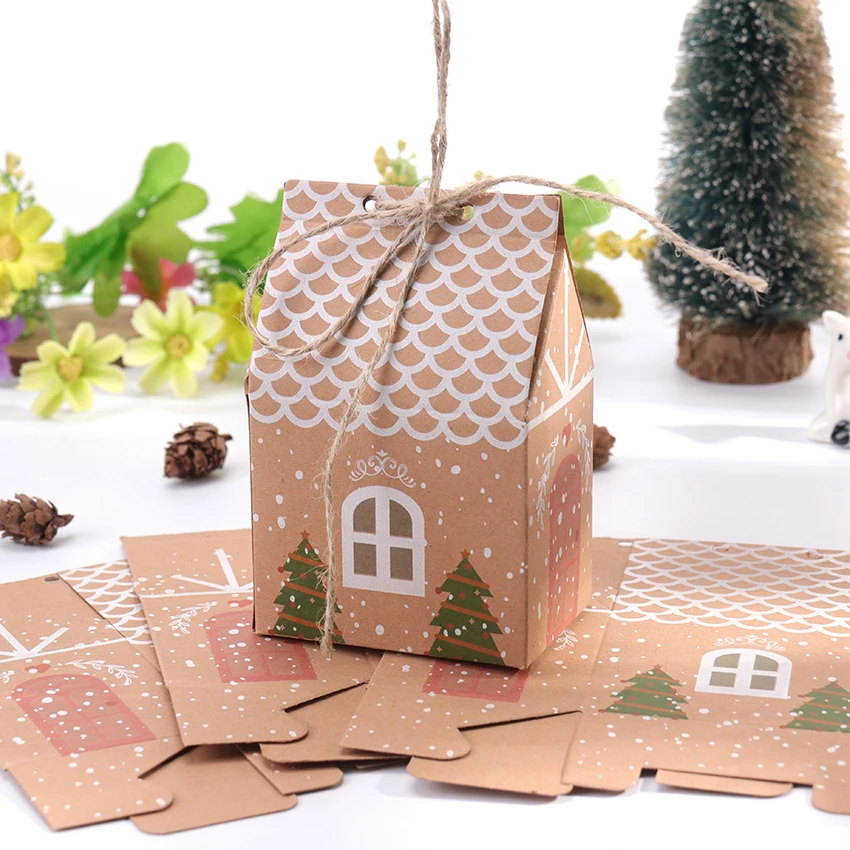 

10PCS Kraft Paper House Shape With Ropes Candy Gift Bags Cookie Bags Packaging Boxes Christmas Tree Pendant Party Decor