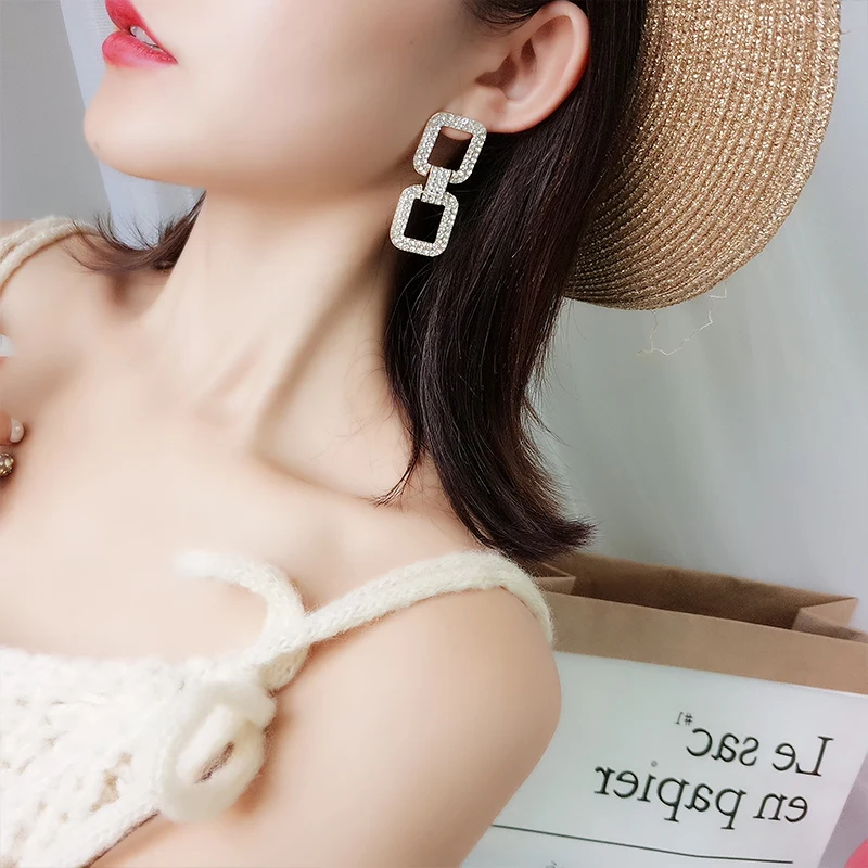 

Luxury Crystal Square Earrings for Women Double Layer Crystal Loop Earrings Hanging Wedding Party Statement Earrings Jewelry New