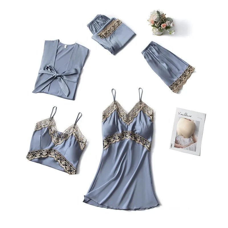 

2021 New Sexy Satin Kimono Gown Casual Nightwear Pyjamas Women Pajamas Set Soft Lace Patchwork 5PCS Sleepwear Nightgown
