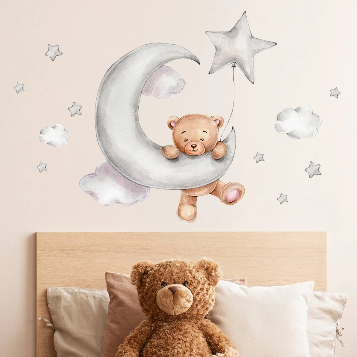 

New Cartoon Bear Moon Clouds Stars Children's Room Wall Stickers Bedroom Background Wall Decoration Nursery Decal Wallpaper