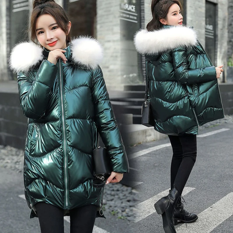 

2021 New Winter Shiny Down Cotton Jackets Female Parka Winter Jacket Women Coat Mid Long Overcoat Warm Hooded Thicken fur collar