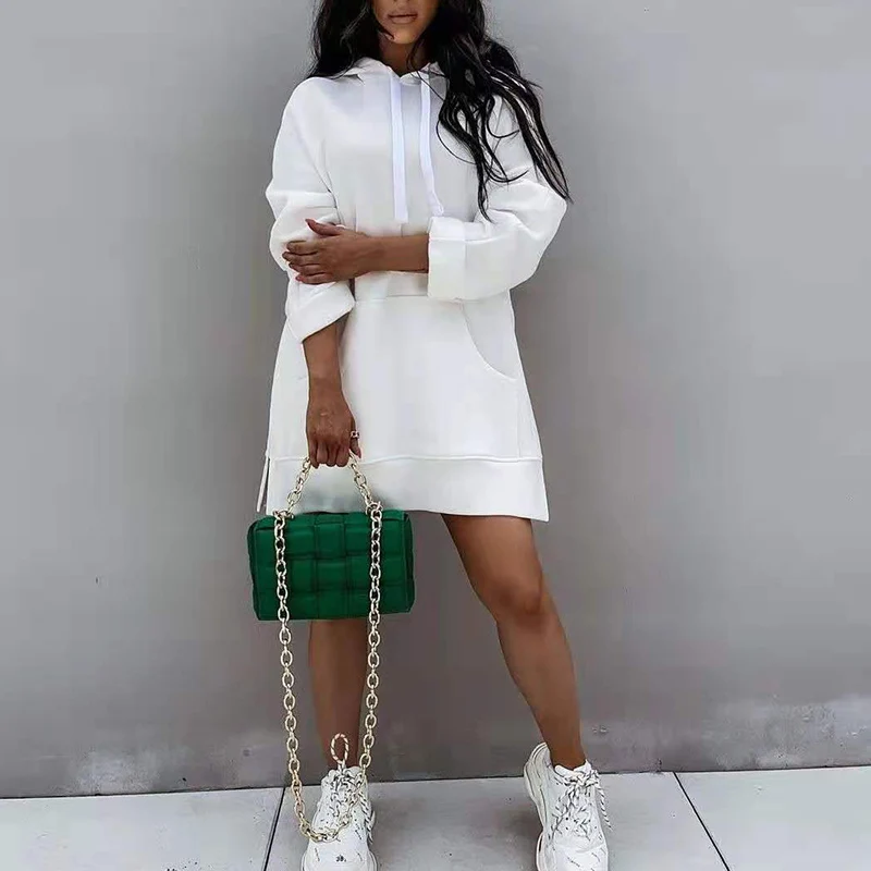 

Women Casual Solid Hooded Sweatshirt Dress Spring Autumn Long Sleeve Loose Drawstring Mini Dress Retro Simple A-Line Party Dress