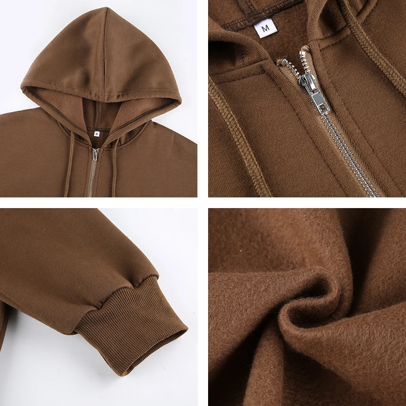

Casual Brown Plus Velvet Warm Hoodie For Girls Winter Clothes Women's Sweatshirt 2021 Harajuku Long Sleeve Zip Up Thicken Top