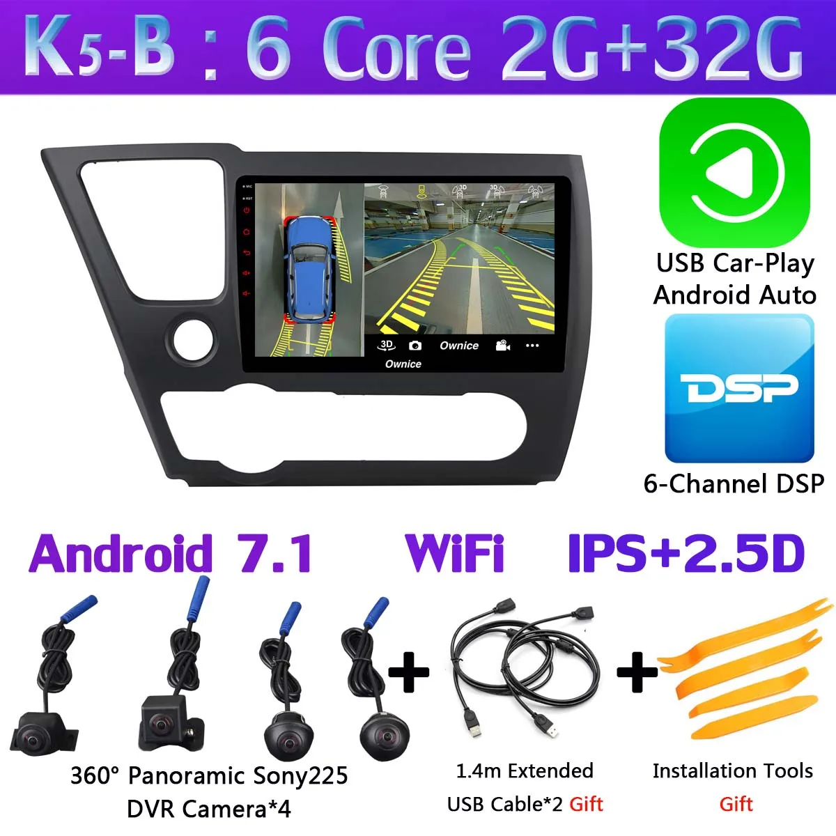 K5-B-CarPlay 360°AHD Камера Android 9,0 4G Оперативная память+ 64G Встроенная память SPDIF DSP CarPlay Автомобильный мультимедийный gps радио плеер для Honda Civic EX-L купе 2013 - Цвет: K5-B-CarPlay