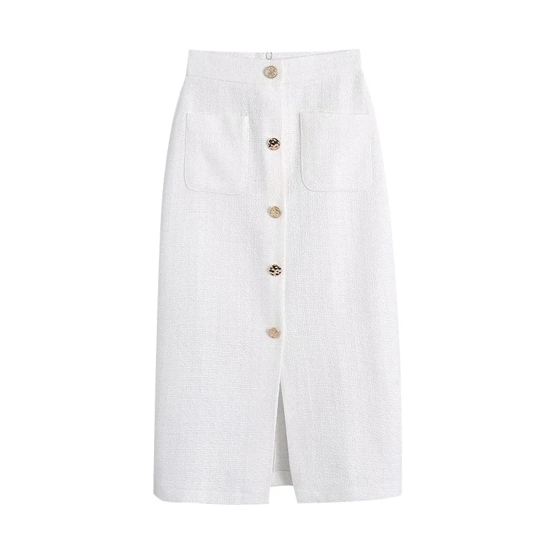 

Твидовая юбка миди с разрезом спереди, винтажная юбка с завышенной талией и молнией сзади, женские юбки, Женская шикарная мода с пуговицами