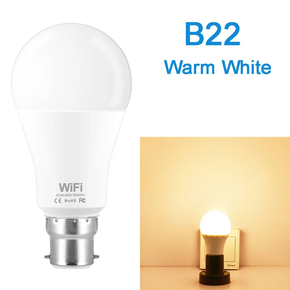 B22 Warm White С регулируемой яркостью 15 Вт E27 WiFi умный светильник лампы светодиодный светильник приложение работает Alexa Google Assistant голосовое Управление пробуждения умный светильник Ночной светильник - Испускаемый цвет: B22 Warm White