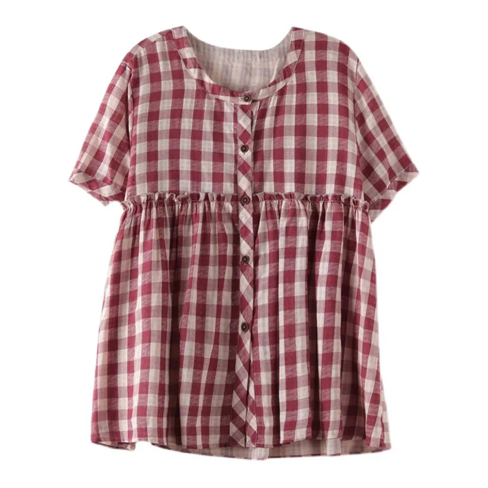 

Women Summer Short Sleeve Tunic Tops Vintage Shirt Robe Femme Patchwork Blusas Plus Size Cotton Linen Blouse Chemise