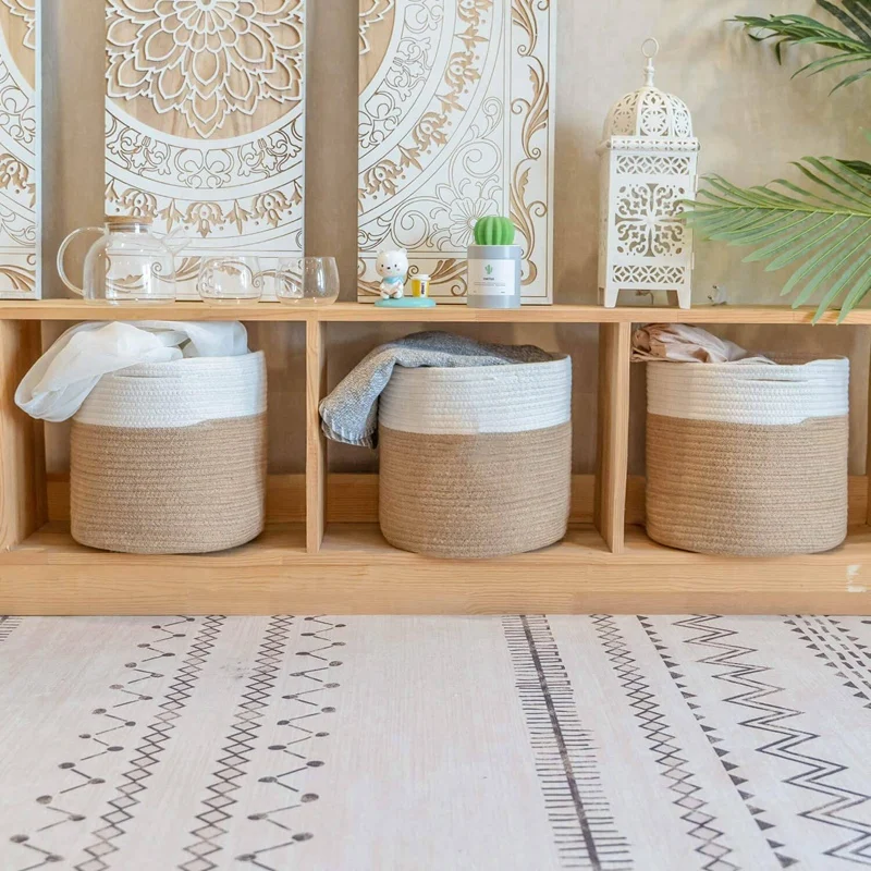 

Rope Storage Bins 3 Pack Storage Square Organizer Foldable Decorative Woven Basket with Handles for Clothes,Towels