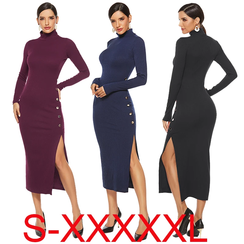 

Fashion Casual Women Dress Robes Vestido платье Bodycon Long Sleeve Knitted Elegant HighNeck Skirt Sweater Maxi Warm big Size