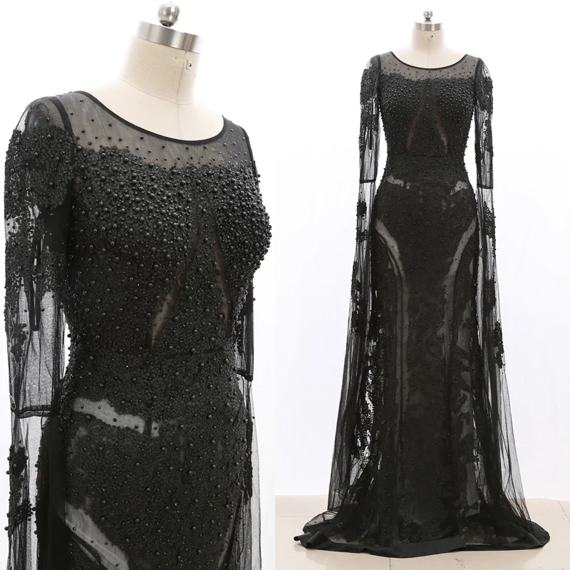 

Long Sleeves Black Prom Dress High Quality Mermaid Party Gown 20210223-054