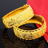 24k yellow gold plated carve dragon phoenix bracelet for women bridal bangle bracelets wedding anniversary jewelry gold gifts